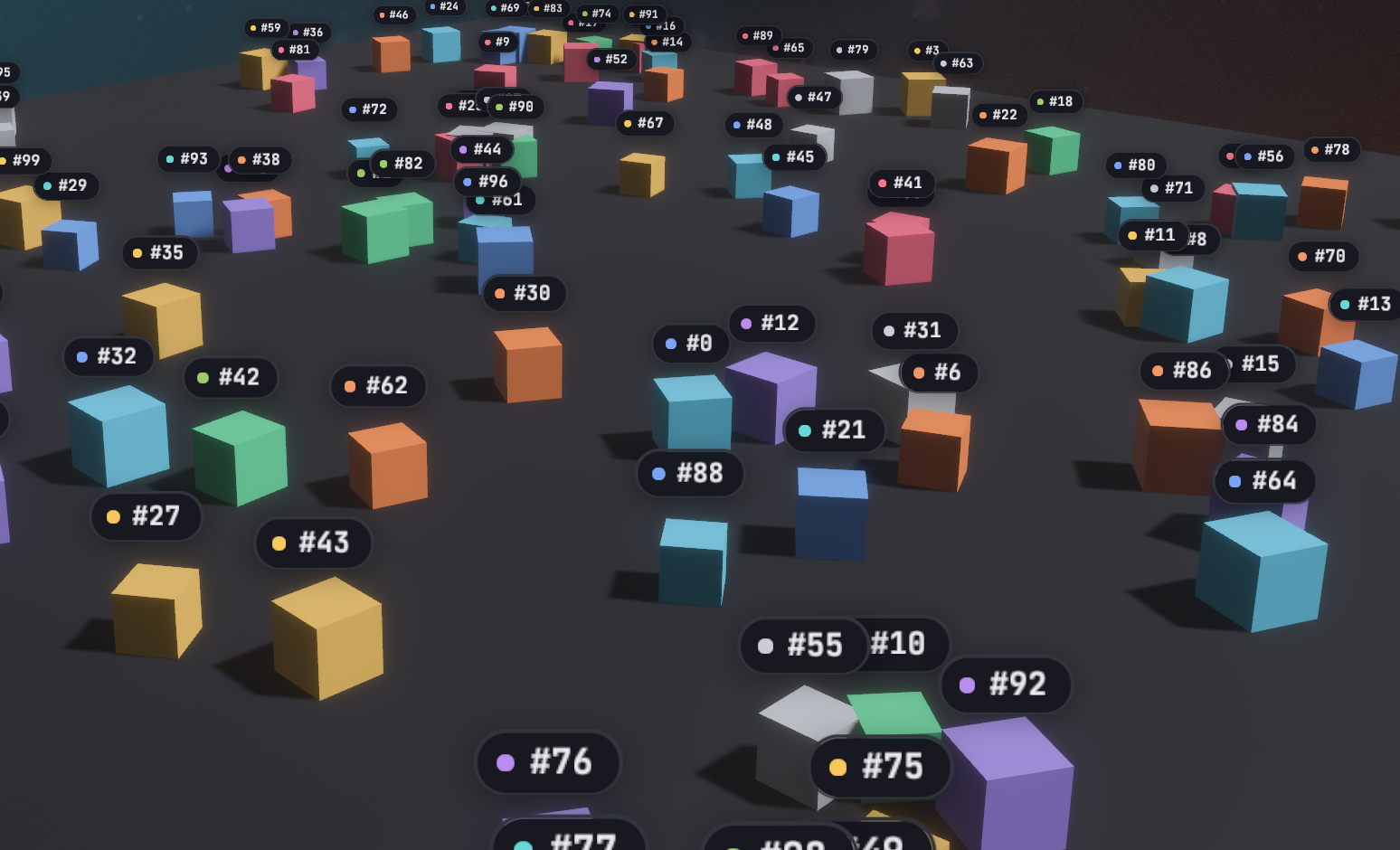 Dozens of colored cubes in a 3D scene, each with a numbered React badge anchored above it that tracks its cube as the camera moves.