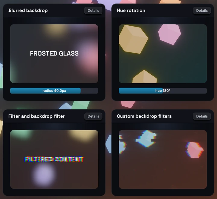 Four backdrop-filtered cards over a live 3D scene: a frosted-glass blur, a hue rotation, a filter combined with a backdrop filter, and a custom backdrop filter, each re-filtering the moving cubes behind it.
