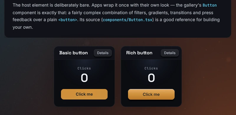 The cursor gliding slowly across the button page: the edges of the docs card and of the two example cards catch a cyan light as it passes, and fade back to dark behind it.