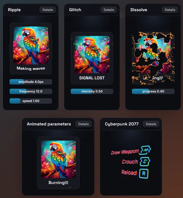 Custom WGSL filters running on live UI: a ripple distortion, a glitch effect and an animated dissolve.