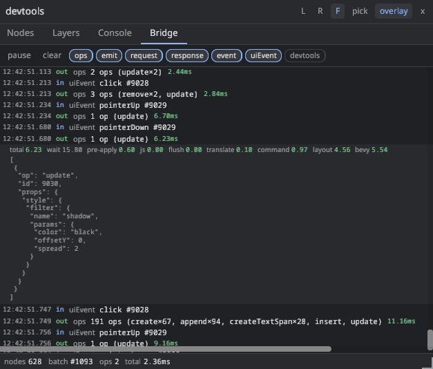 The Bridge tab: a live log of ops, UI events and messages, with one op batch expanded to its timing breakdown and its JSON payload.