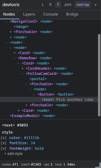 The devtools panel docked over the demos app: the Nodes tab shows the expanded element tree with component names such as Navigation2 and Pinchable, a selected text node, and its style in the inspector below.
