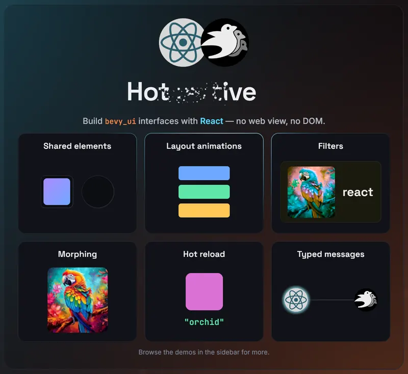 The bevy-react demos home page: the React and Bevy logos above six live demo cards (shared elements, layout animations, filters, morphing, hot reload and typed messages).