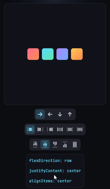 Four gradient swatches in a flex container gliding to their new slots as the direction, justify and align buttons below them are switched.