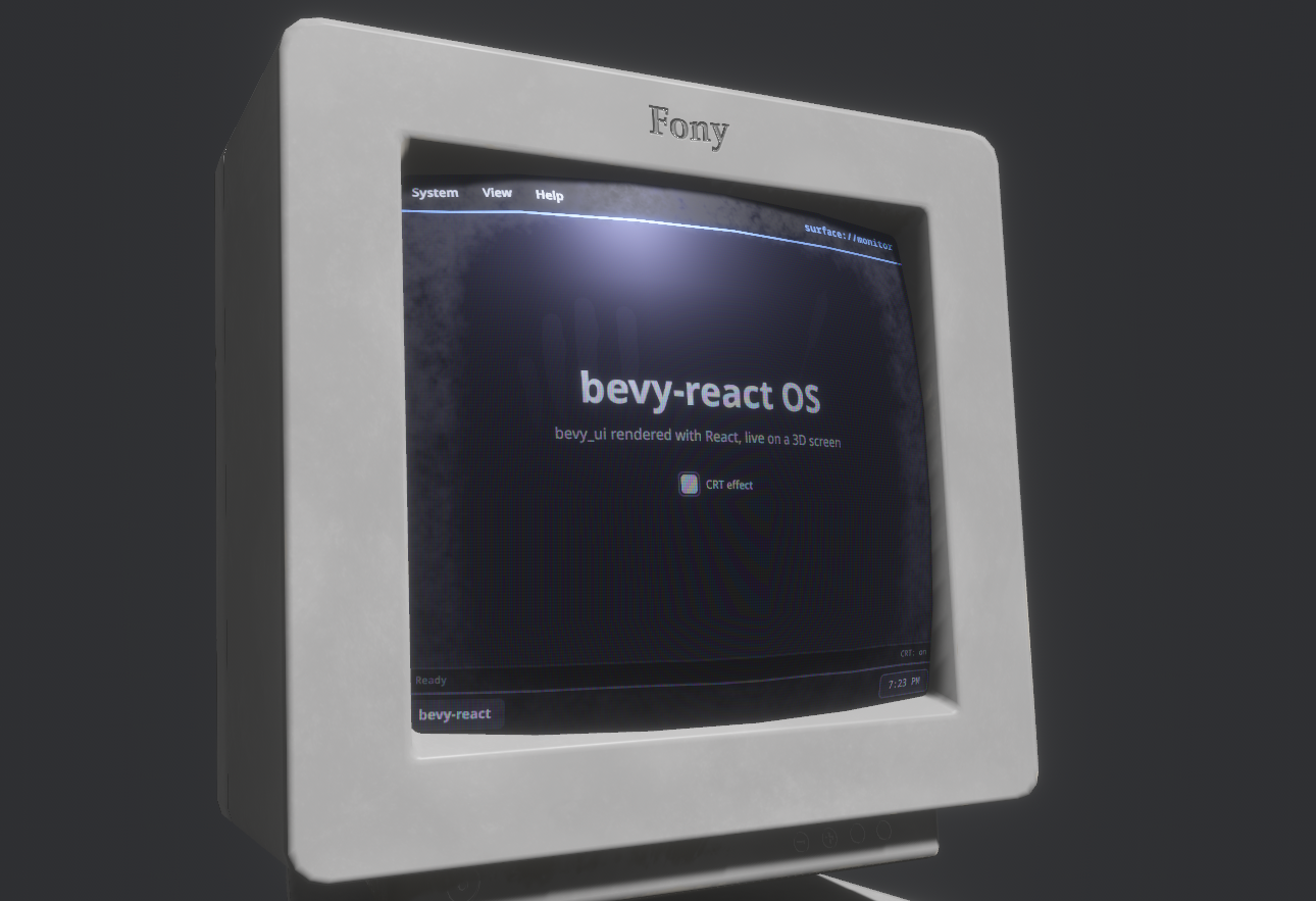 A 3D monitor model whose screen is a live React "OS" — a menu bar, a CRT-effect toggle, a status line and a taskbar — rendered into an offscreen texture and clickable in 3D.