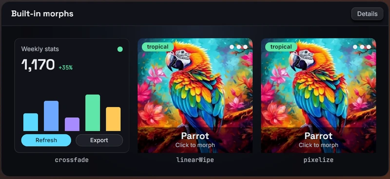 The three built-in morphs on live UI cards, each swapping between content variants on its own schedule: crossfade, linearWipe and pixelize.