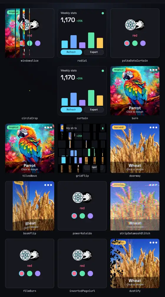 The demos' custom morph pack swapping live UI cards: window slices, a radial sweep, a polka-dot curtain, a circle crop, a curtain, a burn, a tile wave, a grid flip, a doorway, a book flip, a kaleidoscope, a datamosh glitch, a film burn, a page curl and a dust-off.