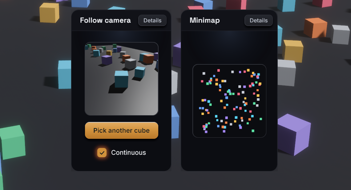 A "follow" portal showing an offscreen chase-cam view of a wandering cube and a 2D minimap of the whole field, each rendered by a Bevy camera into a texture and displayed in the React UI.