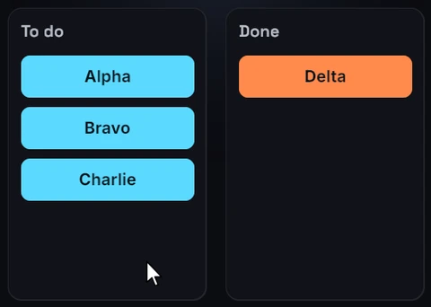 A two-column "To do / Done" tickets board: a clicked ticket flies to the other column and the remaining tickets slide up to close the gap.